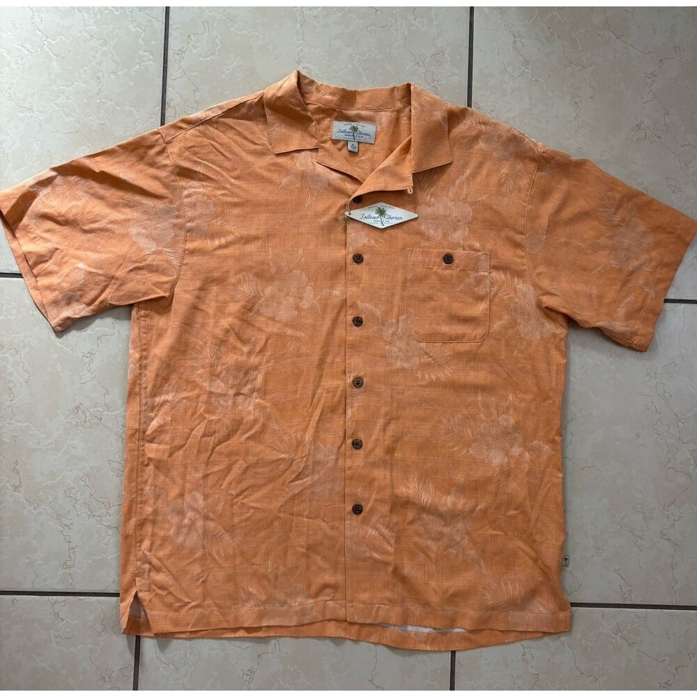 Island Shores Silk Hawaiian Shirt Mens XL Button Peach Short Sleeve Retails $50